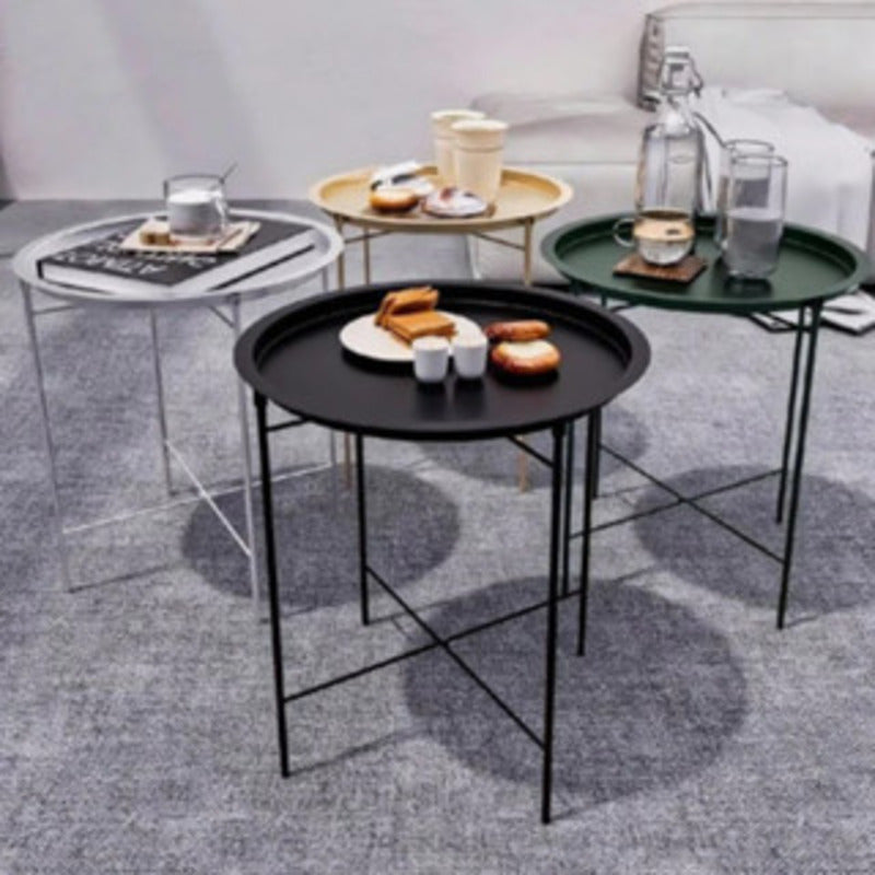 Mesa lateral redonda com bandeja removível, 47x47x50cm, pés de metal, suporte de canto para sala de estar.