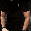 Camiseta masculina básica casual de gola redonda com estampa minimalista de cruz.