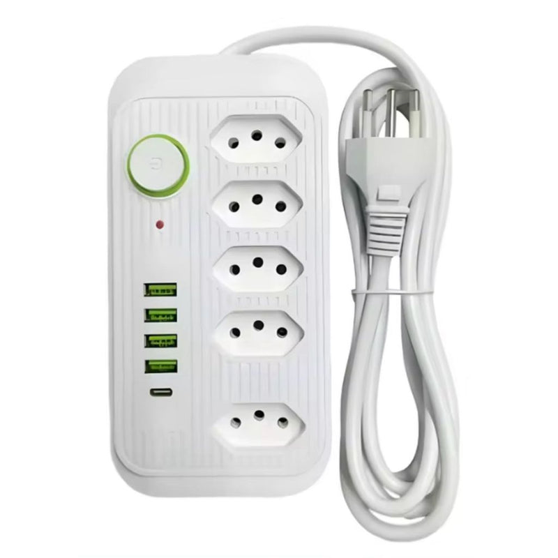 Tomada de 5 saídas, 4 portas USB, cabo longo.