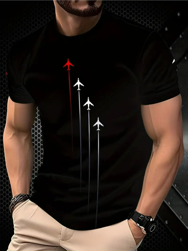 Camiseta masculina 100% algodão - Camiseta minimalista com estampa de avião e gola redonda.