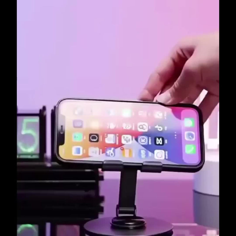 Suporte de metal para celular/tablet, suporte de mesa dobrável e giratório 360 graus, alta estabilidade.