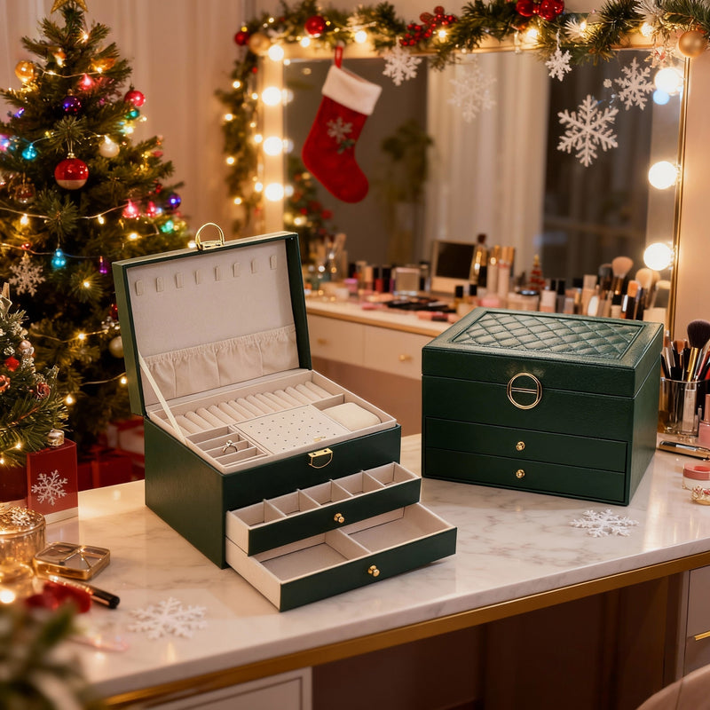 Caixa de joias de três níveis à prova de poeira com trava.