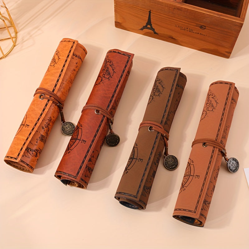 Estojo de lápis vintage em couro PU com bússola náutica, enrolável, porta-canetas de grande capacidade.