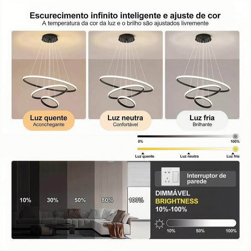 Lustre LED moderno e luxuoso com três anéis, acabamento dourado, semi-embutido, luz brilhante e aconchegante, com interruptor, 110V e 220V