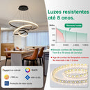 Lustre LED moderno e luxuoso com três anéis, acabamento dourado, semi-embutido, luz brilhante e aconchegante, com interruptor, 110V e 220V