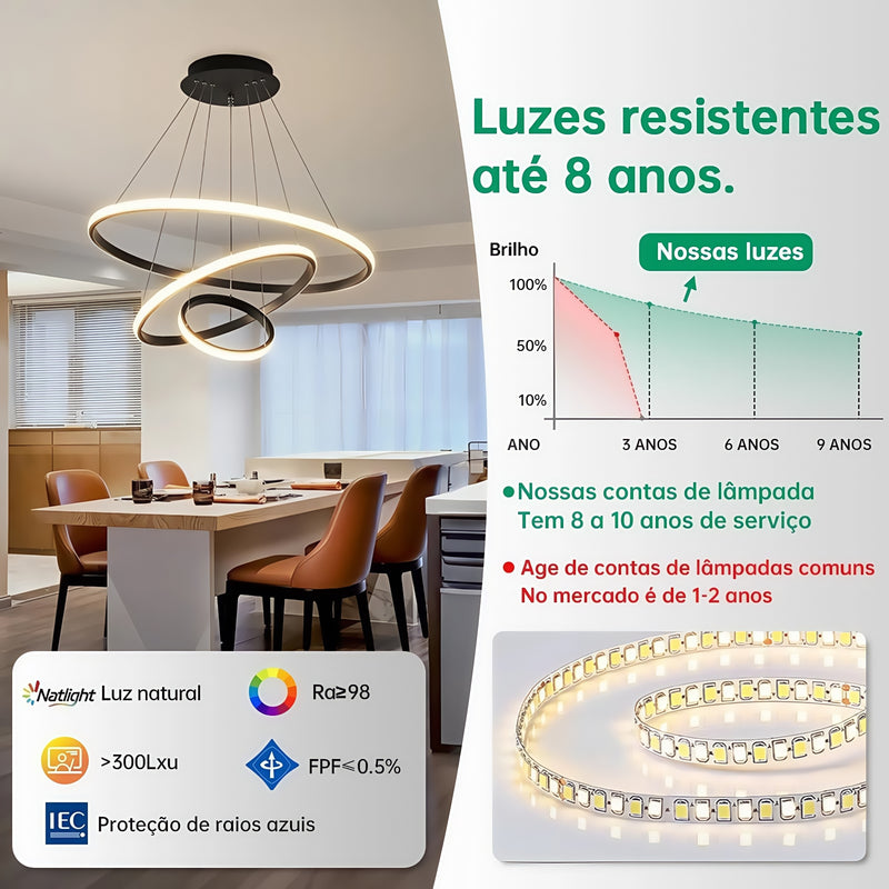 Lustre LED moderno e luxuoso com três anéis, acabamento dourado, semi-embutido, luz brilhante e aconchegante, com interruptor, 110V e 220V