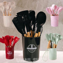 Conjunto de utensílios de cozinha brasileiro em silicone e madeira (12 peças) - Jogo completo com suporte, livre de BPA, antiaderente e resistente ao calor.