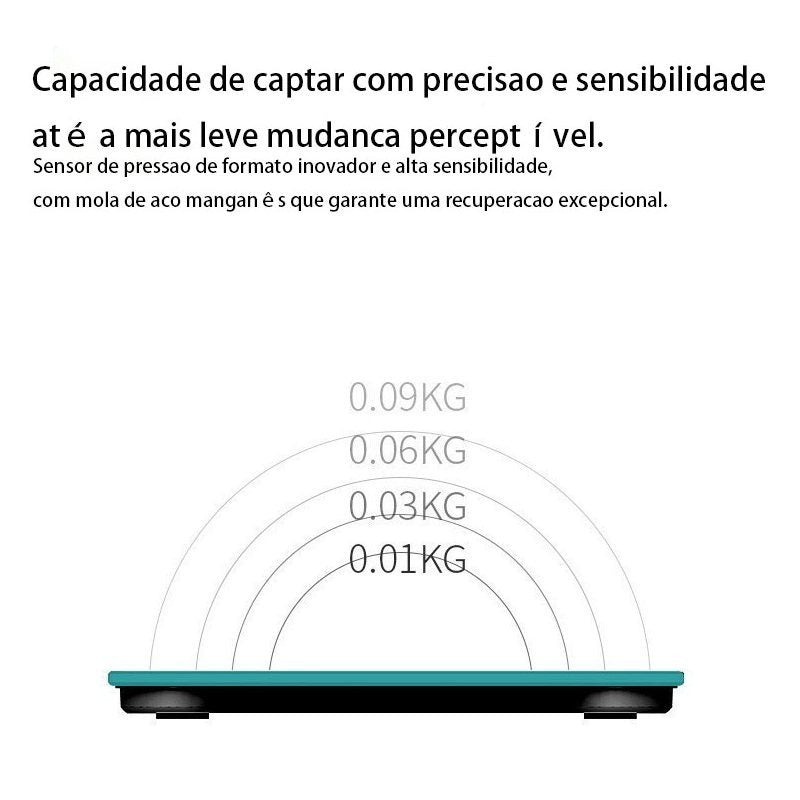 Balança multifuncional, modelo a bateria, que se conecta à internet para consultar o histórico de dados.