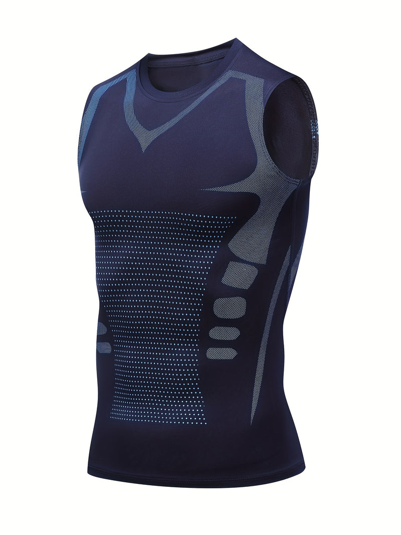 Camiseta regata esportiva masculina de compressão, ideal para basquete, treino e atividades físicas. Possui tecido elástico, ombros largos.