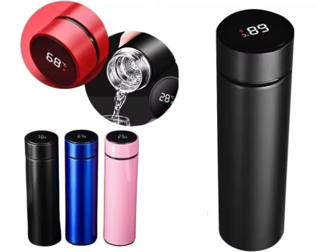 Garrafa térmica Inox com sensor de temperatura digital inteligente e LED para bebidas quentes e frias.